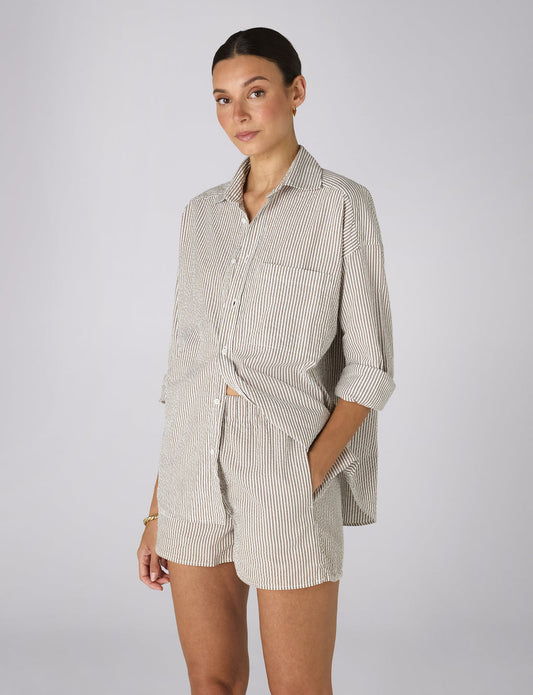Soft mocha stripe seersucker shorts.