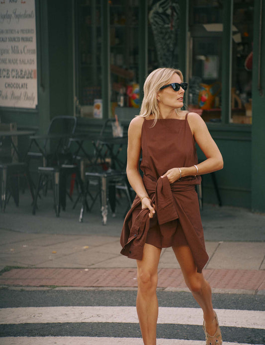 Mocha brown poplin dress.
