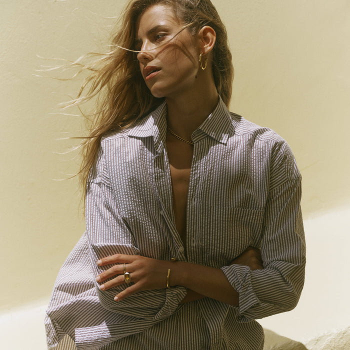 Mocha stripe seersucker shirt.