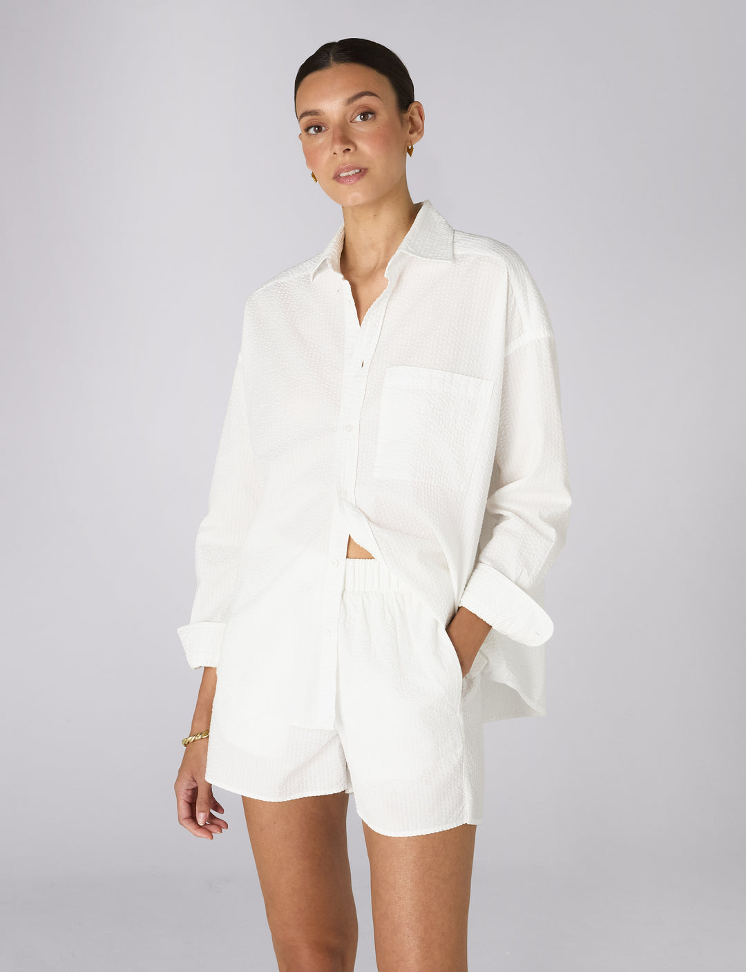 White seersucker boxer shorts.