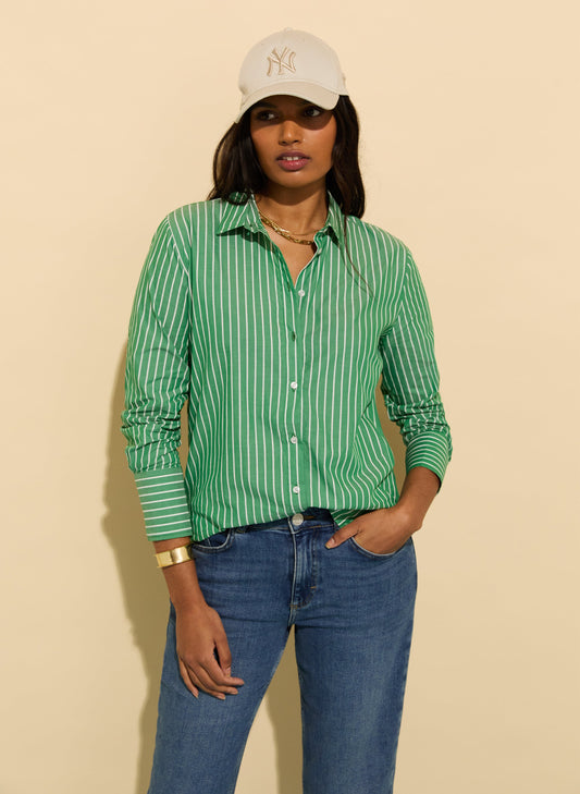Rishma Organic Cotton Stripe Shirt Emerald Green & White Stripe