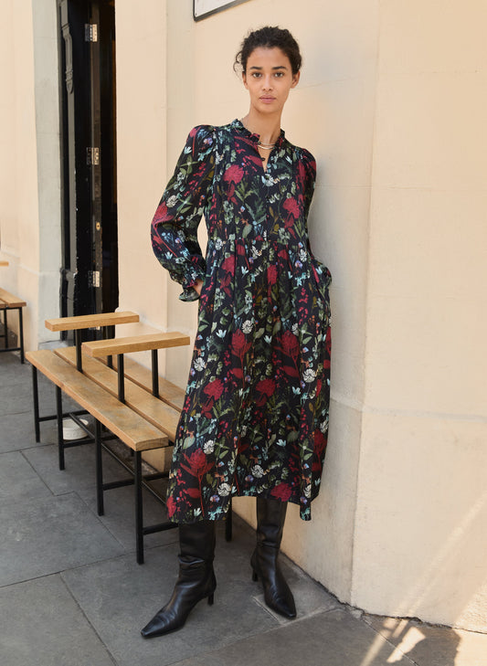 Grace Printed Midi Dress / Black Botanical Print