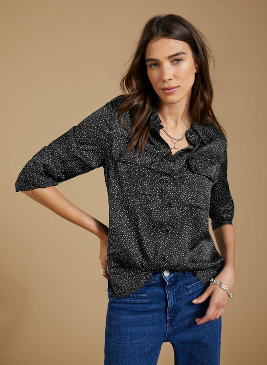 Saffron Printed Satin Shirt Black Mini Spot
