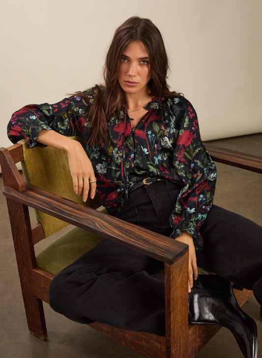 Jasmine Printed Tie Neck Satin Blouse / Black Botanical Print