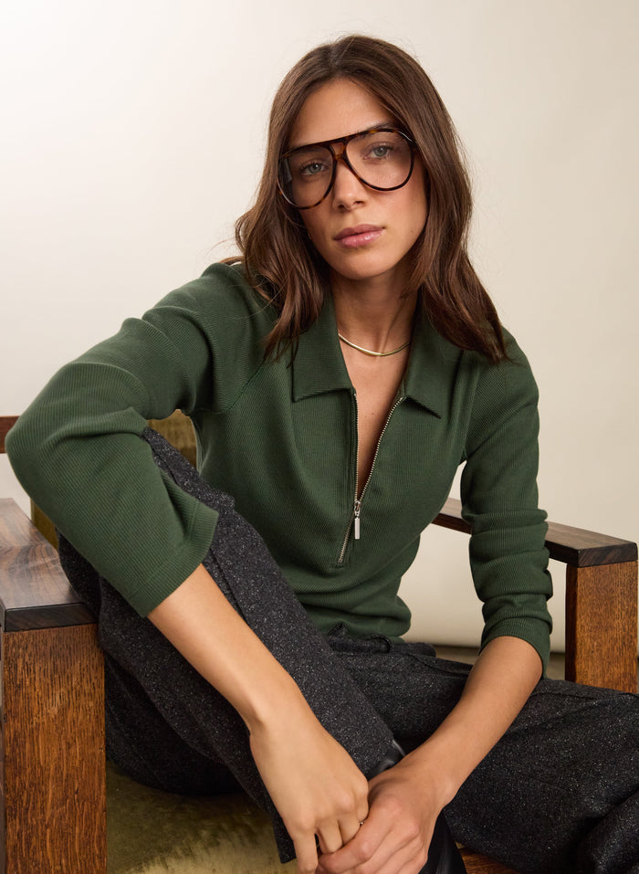 Organic Cotton Zip Collar Top / Deep Khaki