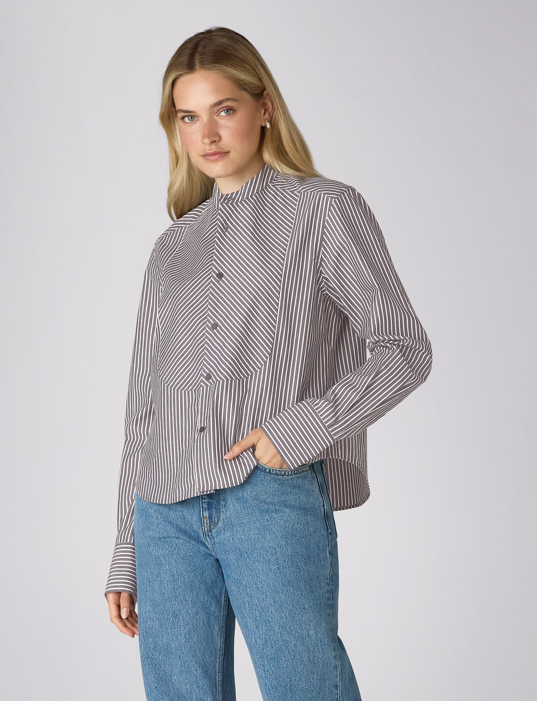 Soft navy and ivory striped organic cotton blouse.