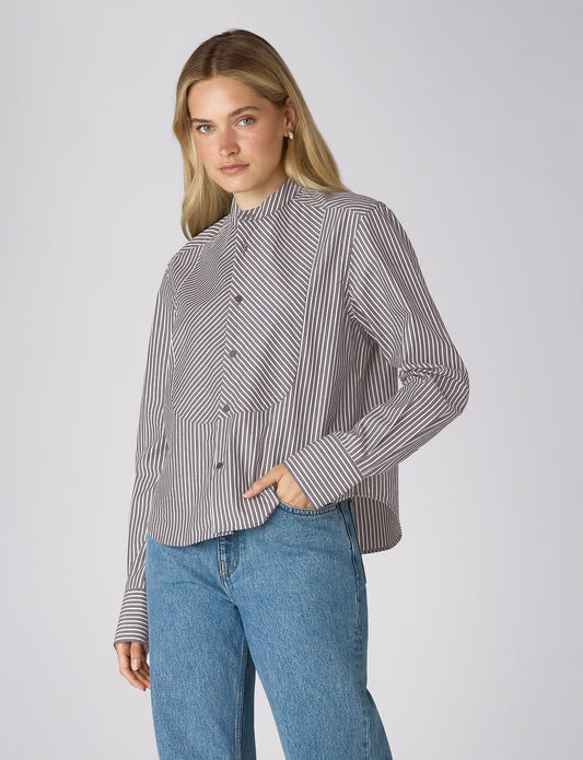 Soft navy and ivory striped organic cotton blouse.