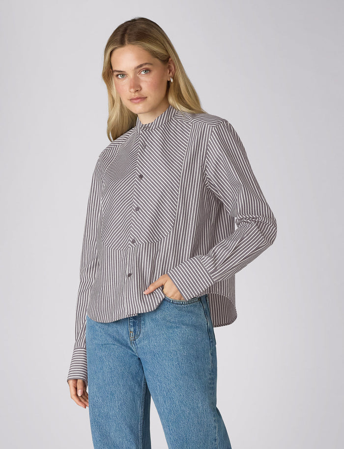Soft navy and ivory striped organic cotton blouse.