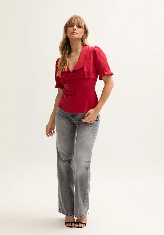 Rachel Vintage Inspired Short Sleeve Shirt in Red