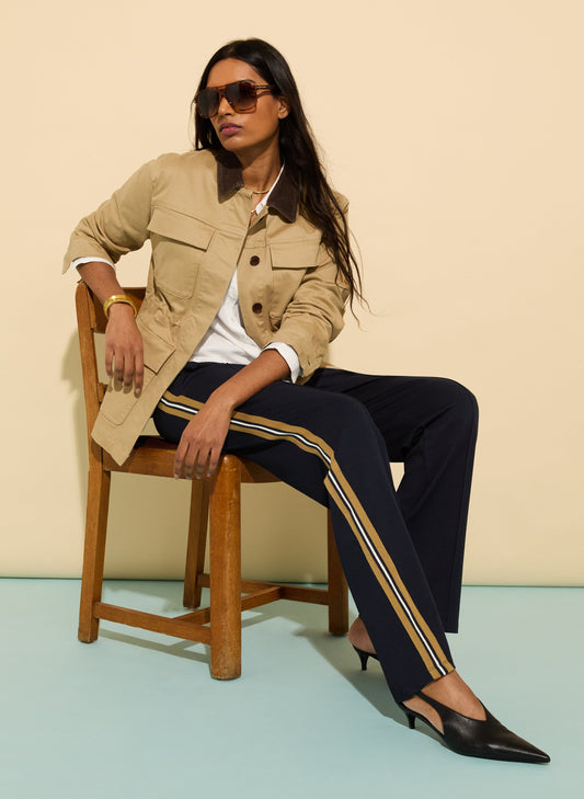 Marjorie Side Stripe Ponte Trousers / Classic Navy, Taupe & Cream