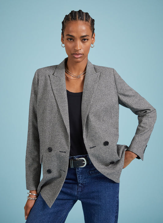 Beatrix Recycled Wool Blend Blazer Black & White Houndstooth