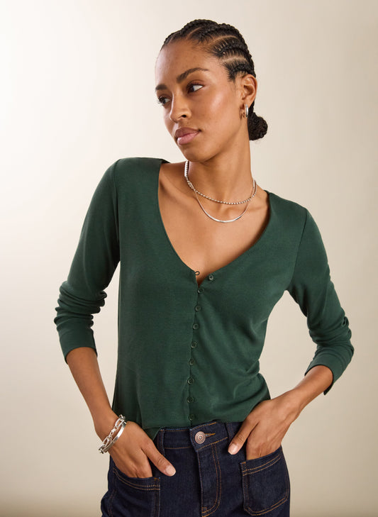Audrey Button Through V-Neck Top / Forest Green