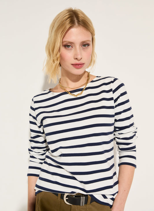 Ashley Organic Cotton Top Soft White & Deep indigo