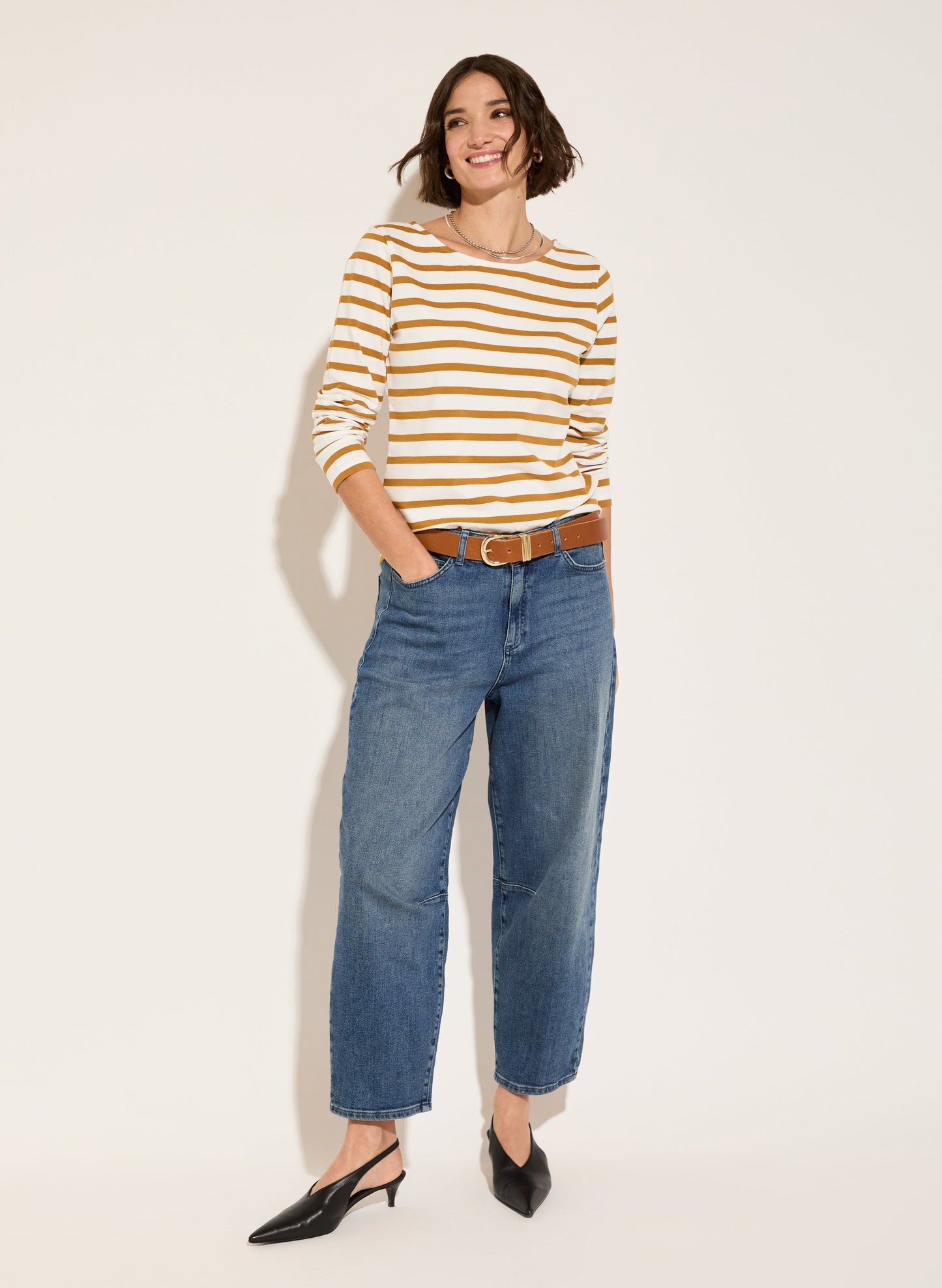 Ochre and soft white striped cotton Breton top.