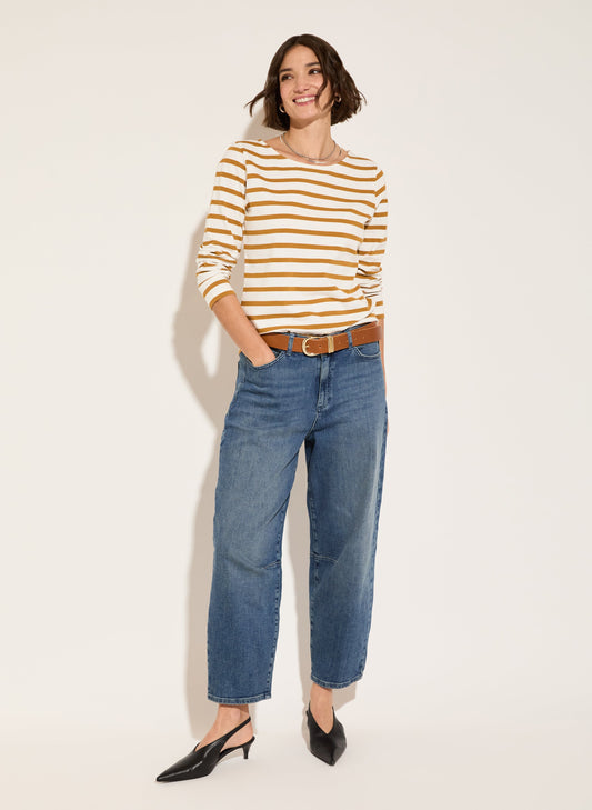 Ochre and soft white striped cotton Breton top.