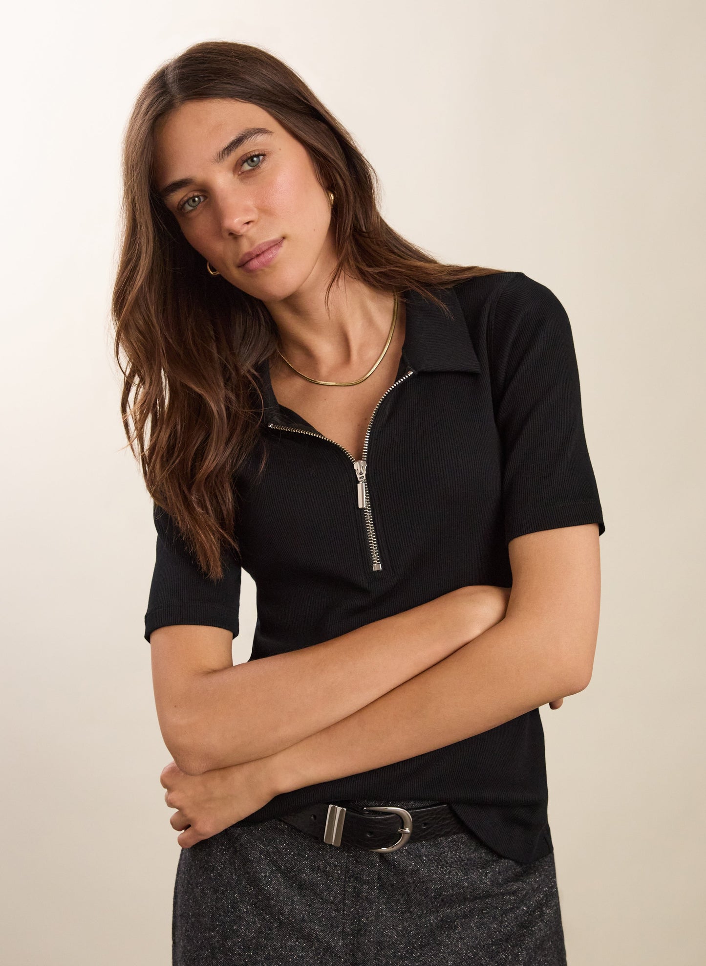 Ivy Organic RibZip Collar Top / Caviar Black