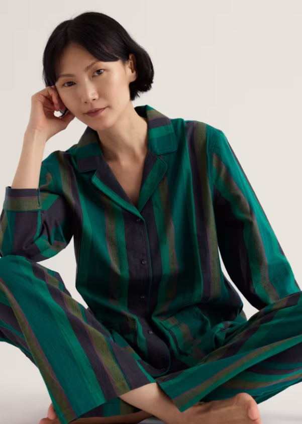 Dark green and navy striped cotton pyjamas.