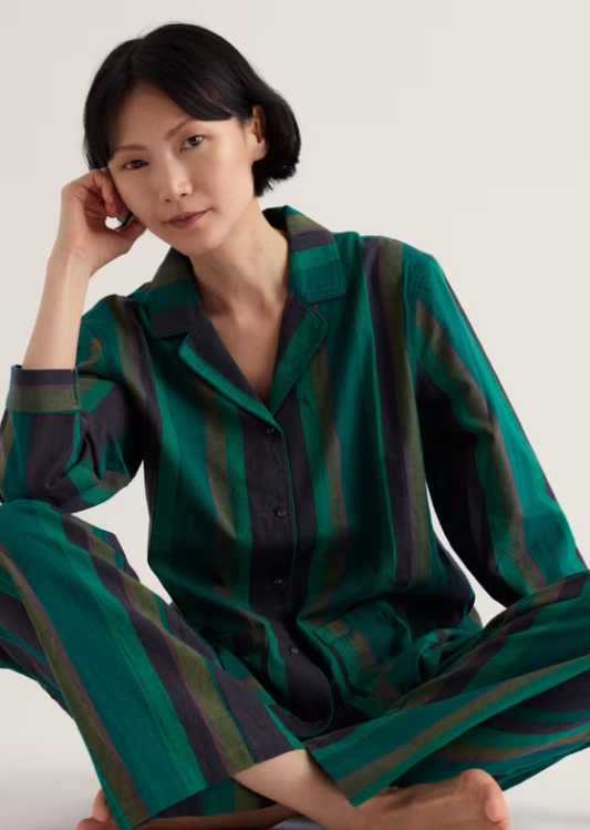 Dark green and navy striped cotton pyjamas.