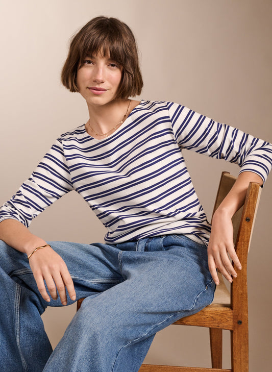 Mary-Kate Organic Cotton Top Soft White & Navy