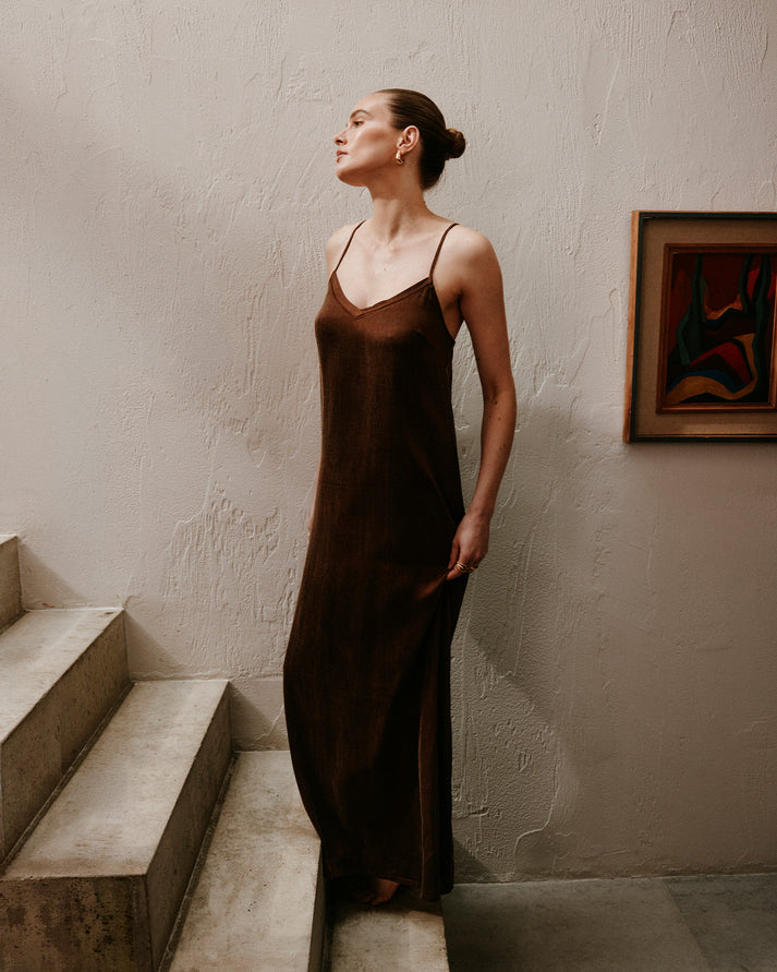 Maxi dress in cocoa brown eco silk.