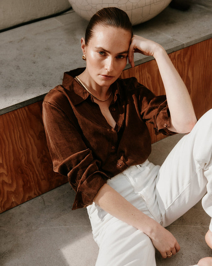 Brown eco silk midi shirt.