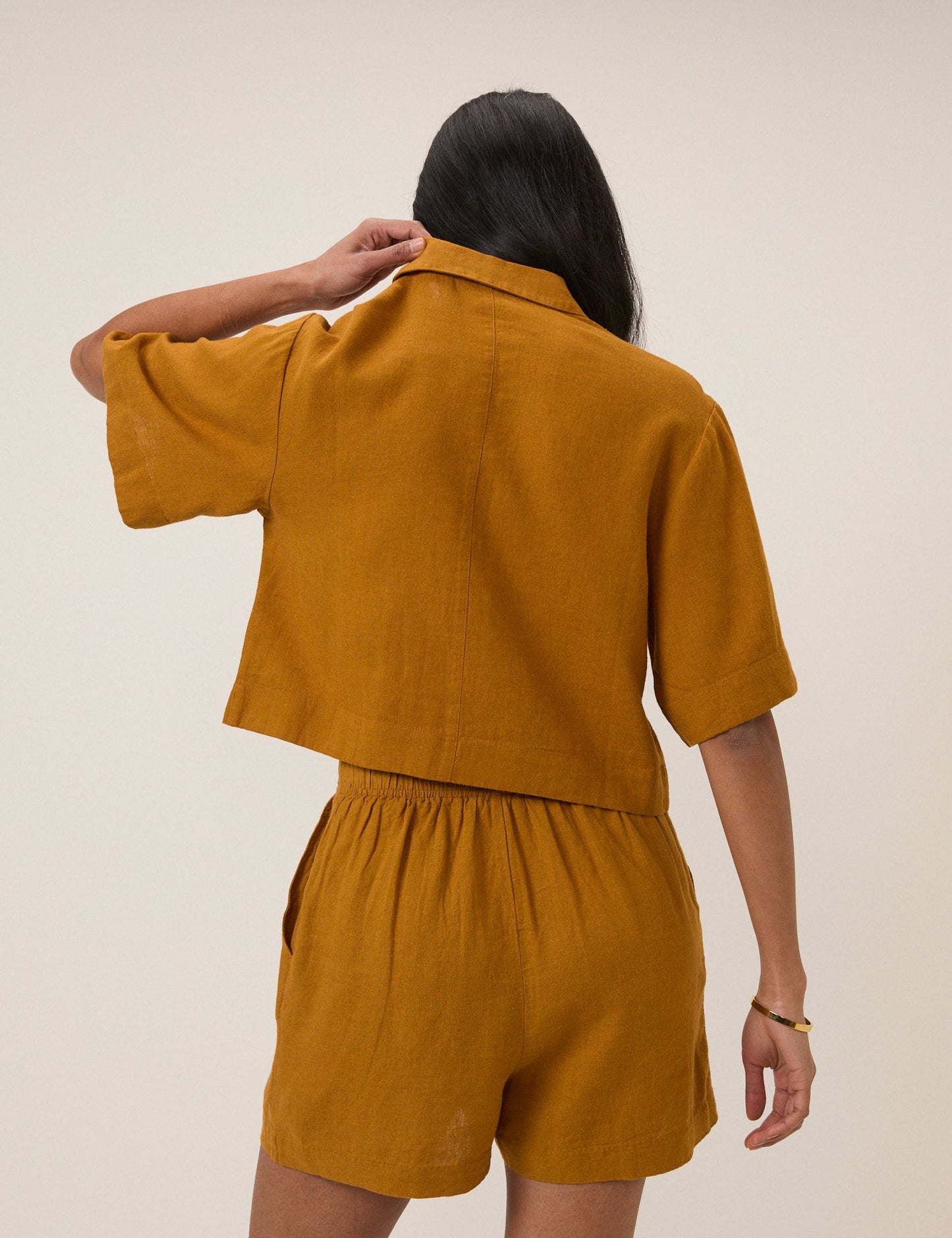Orange Yellow Linen-Blend Cropped Shirt