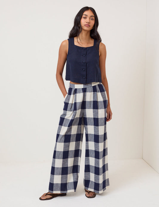 Navy Linen-Blend Button Front Top