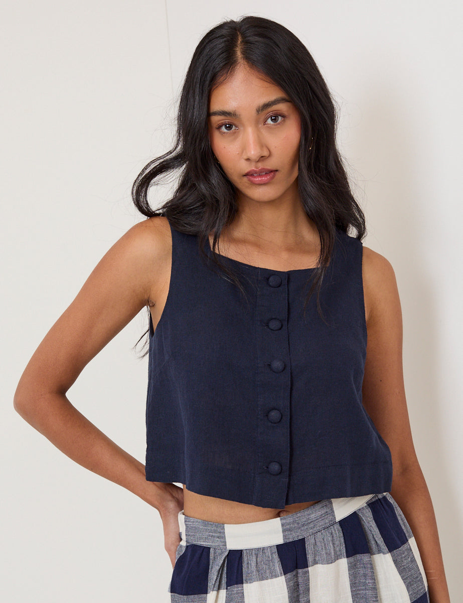 Navy button front vest top.