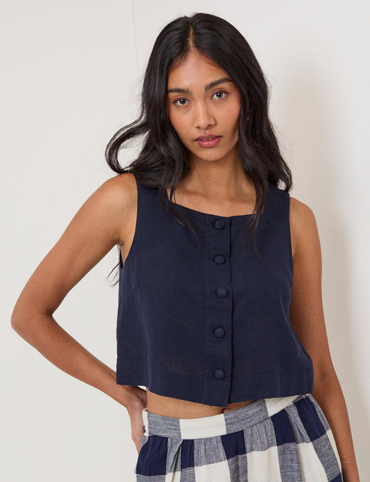 Navy button front vest top.