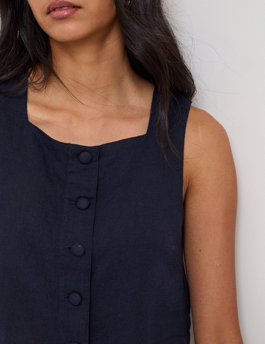 Navy Linen-Blend Button Front Top