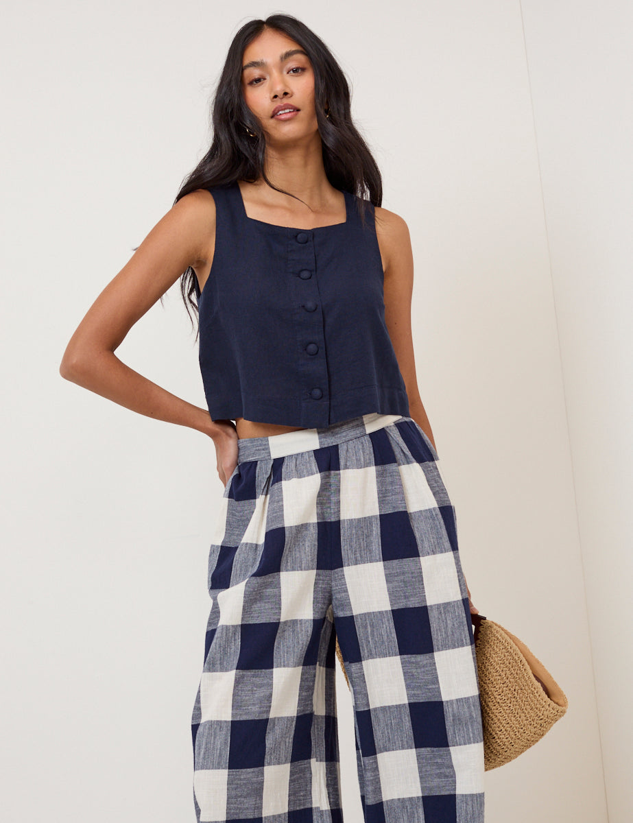 Navy Linen-Blend Button Front Top