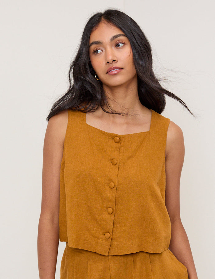 Tan brown linen button down vest top.