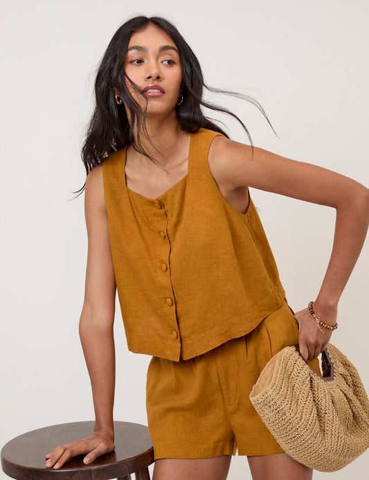 Orange Linen-Blend Button Front Top