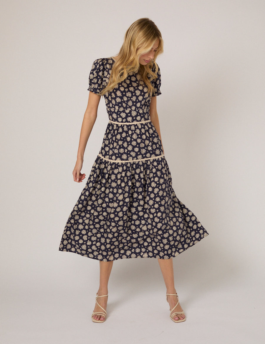 Navy Floral Tiered Dara Midi Dress