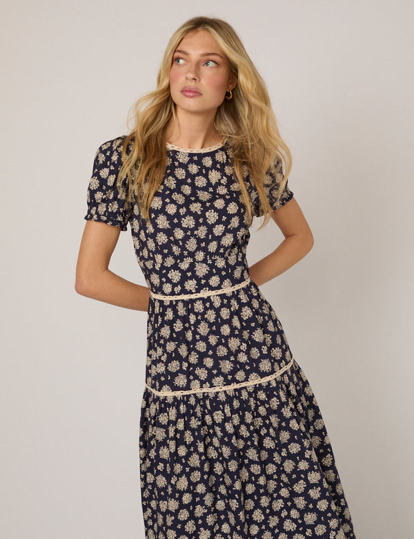 Navy Floral Tiered Dara Midi Dress