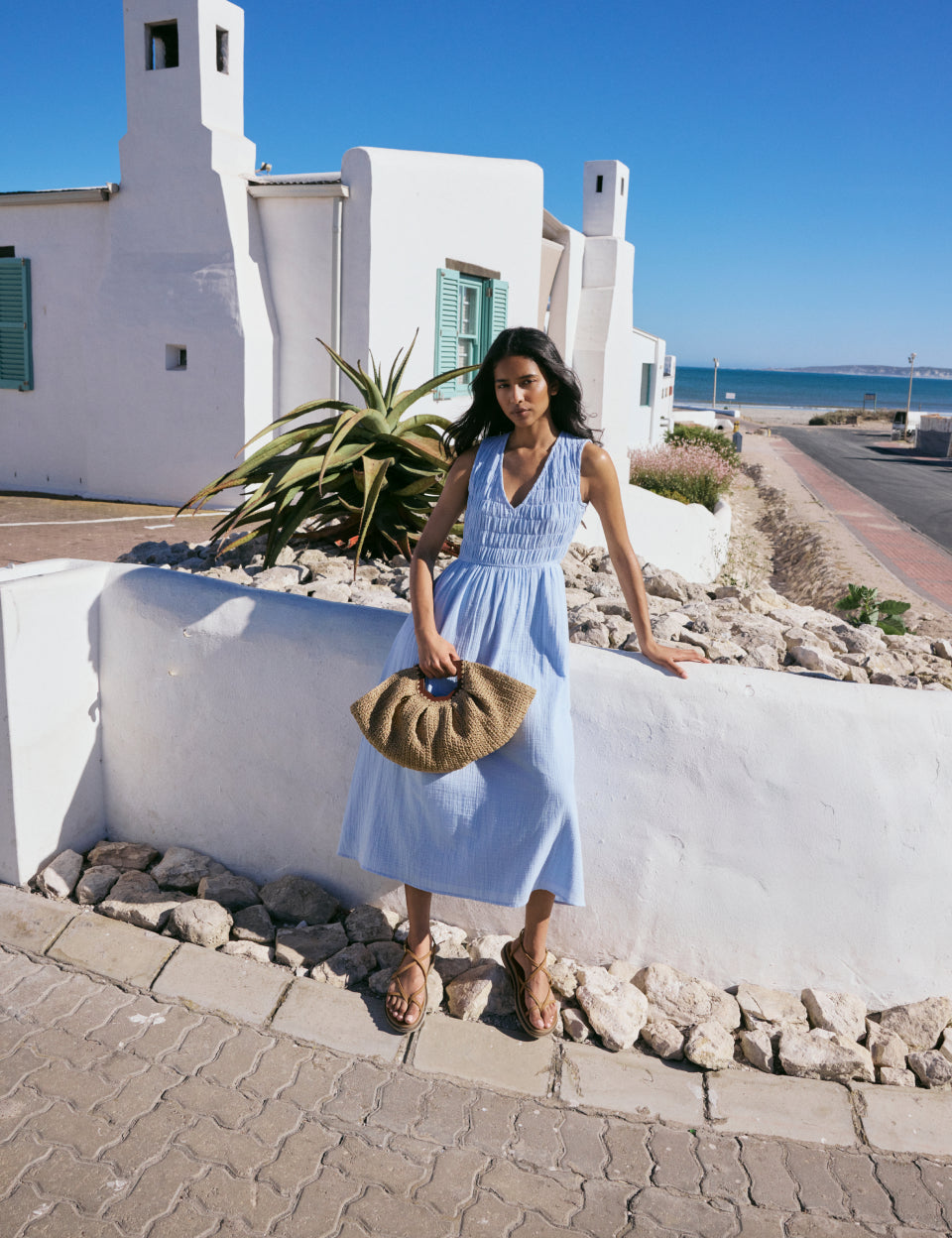 Powder blue cotton midi dress.
