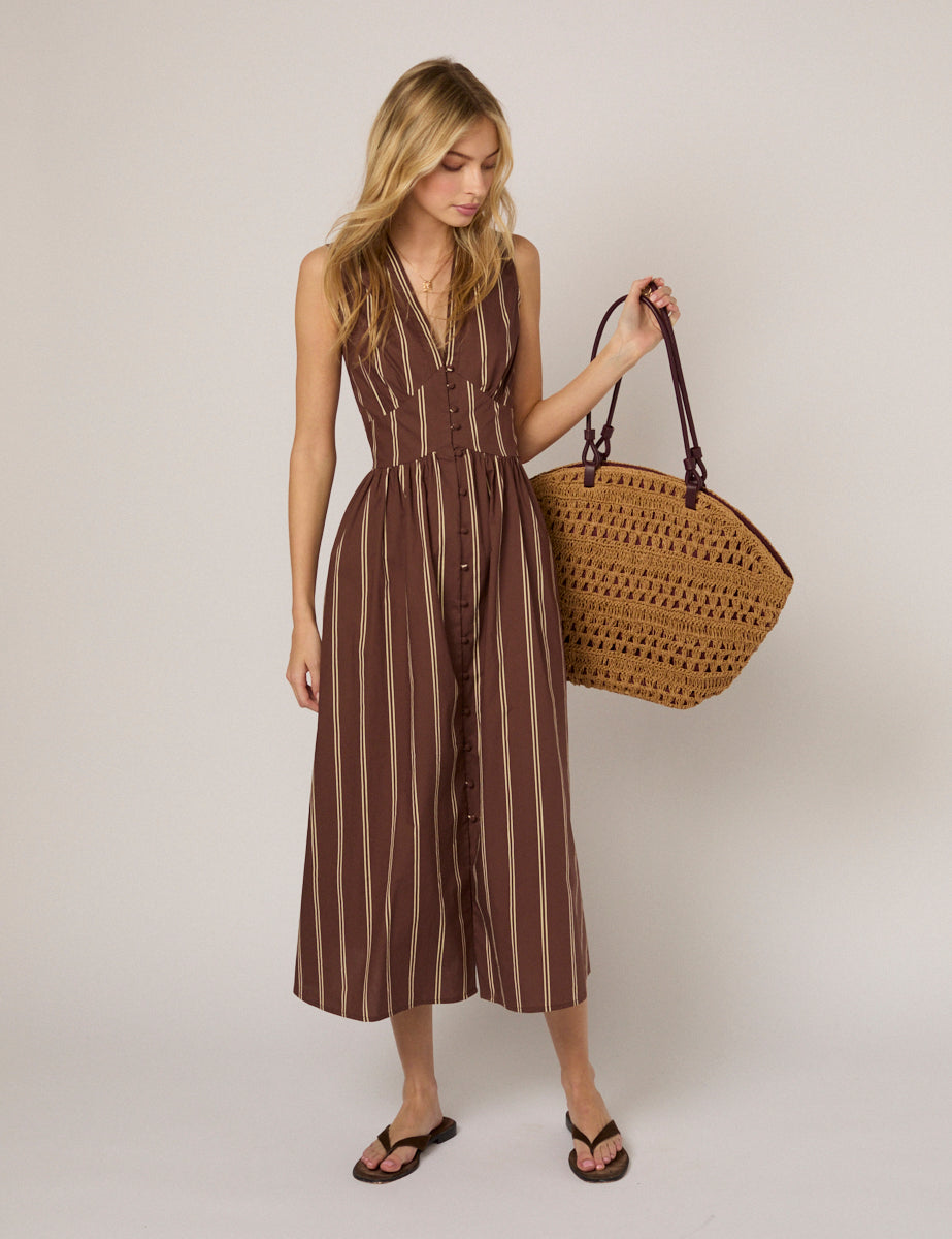 Brown organic cotton pinstripe dress.