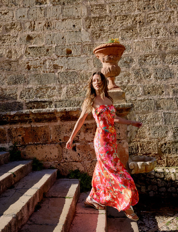 Red and pink floral bandeau satin dress.