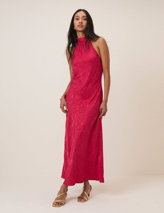 Raspberry pink jacquard halterneck dress.