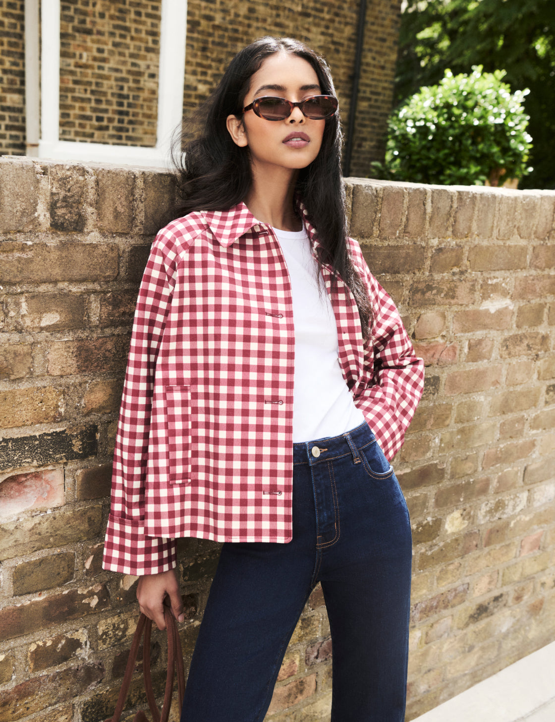 Cherry red gingham swing jacket.