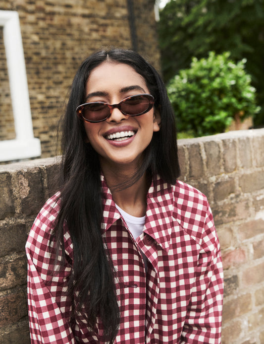 Cherry red gingham swing jacket.