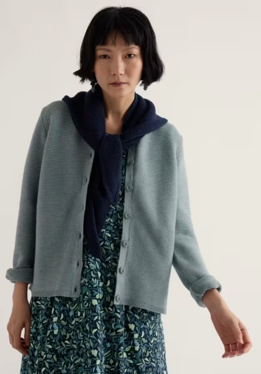Soft, pale blue cotton cardigan.