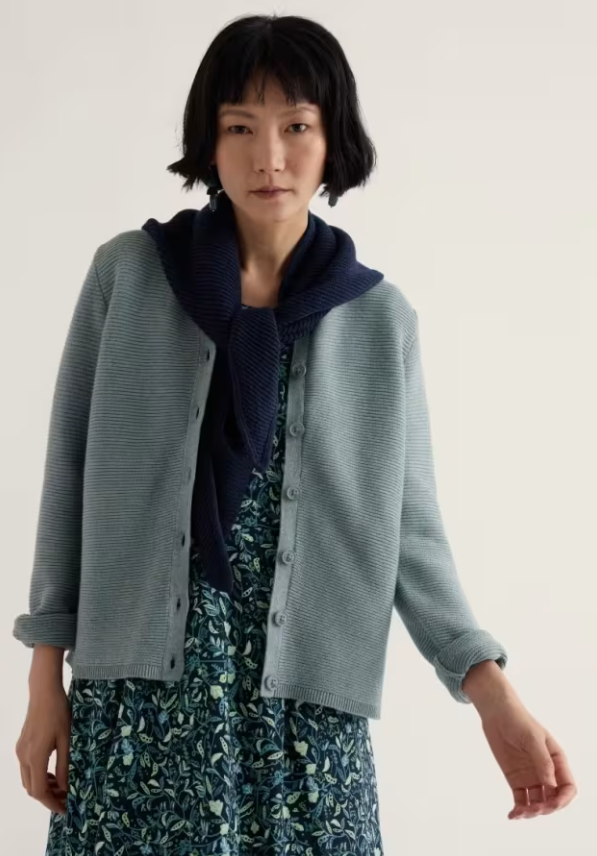 Soft, pale blue cotton cardigan.