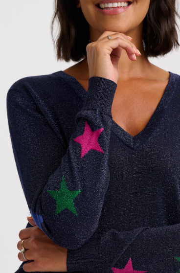 Marcella Sparkly V-Neck Jumper - Navy Stars