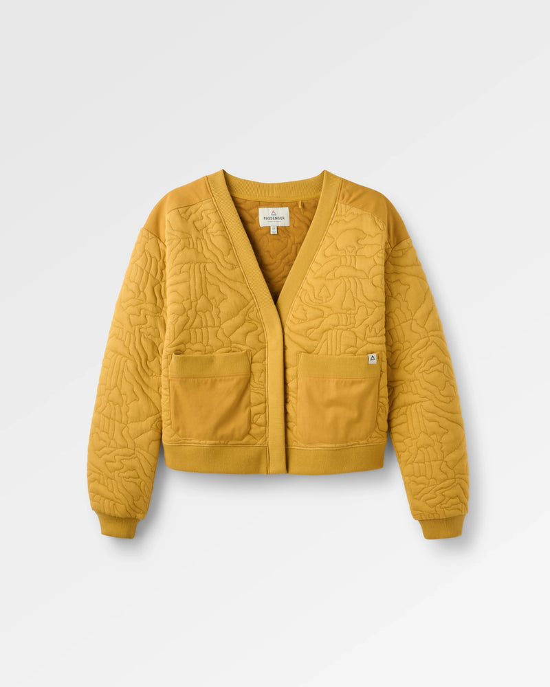 A mustard yellow quilted cardigan jacket with a V-neck, front zipper, and two front patch pockets, shown flat on a light grey background.