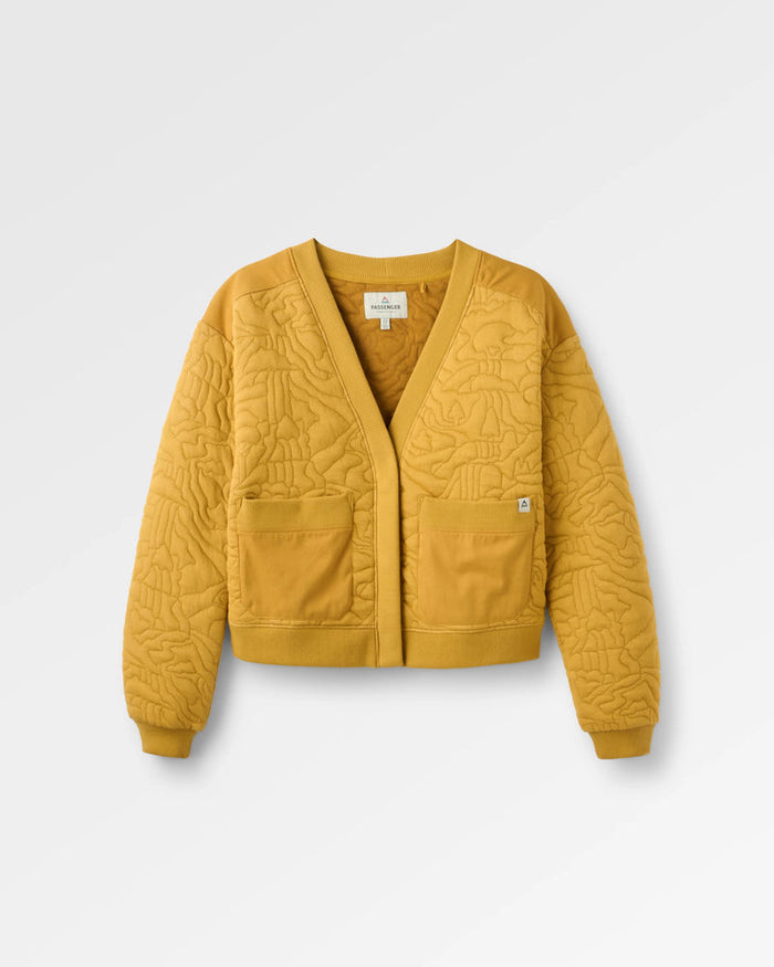 A mustard yellow quilted cardigan jacket with a V-neck, front zipper, and two front patch pockets, shown flat on a light grey background.