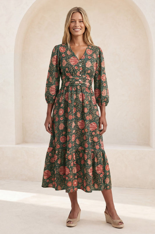 Khaki and orange floral print organic cotton midi dress.