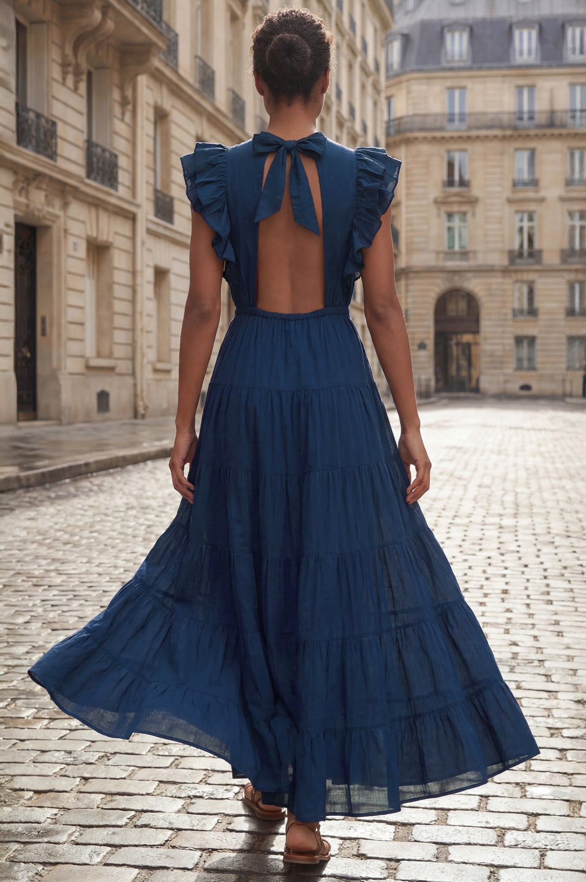 Rose Frill Plain Maxi Dress - Navy