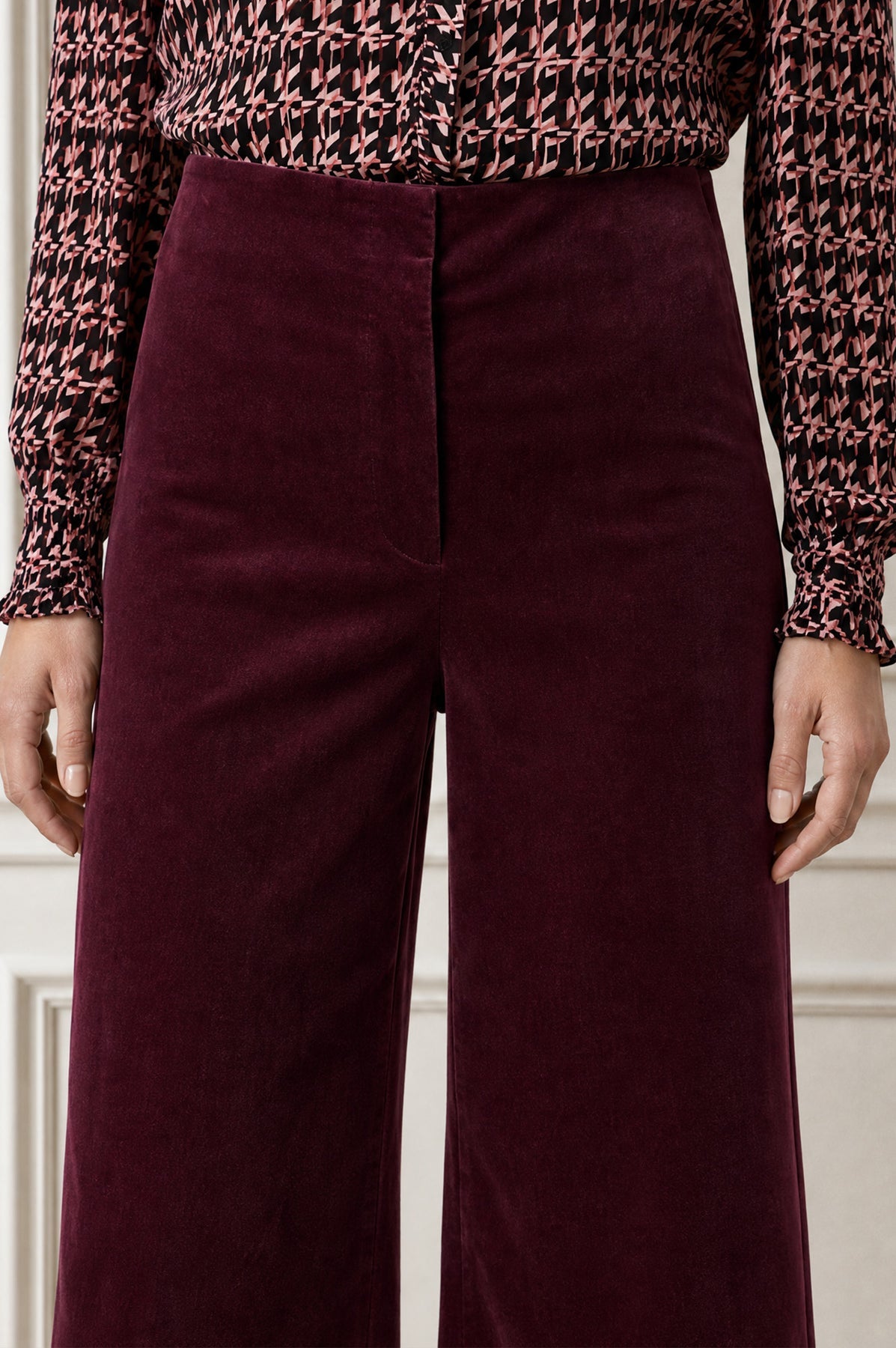 Wide Leg Stretch Velvet Corduroy Trouser - Burgundy