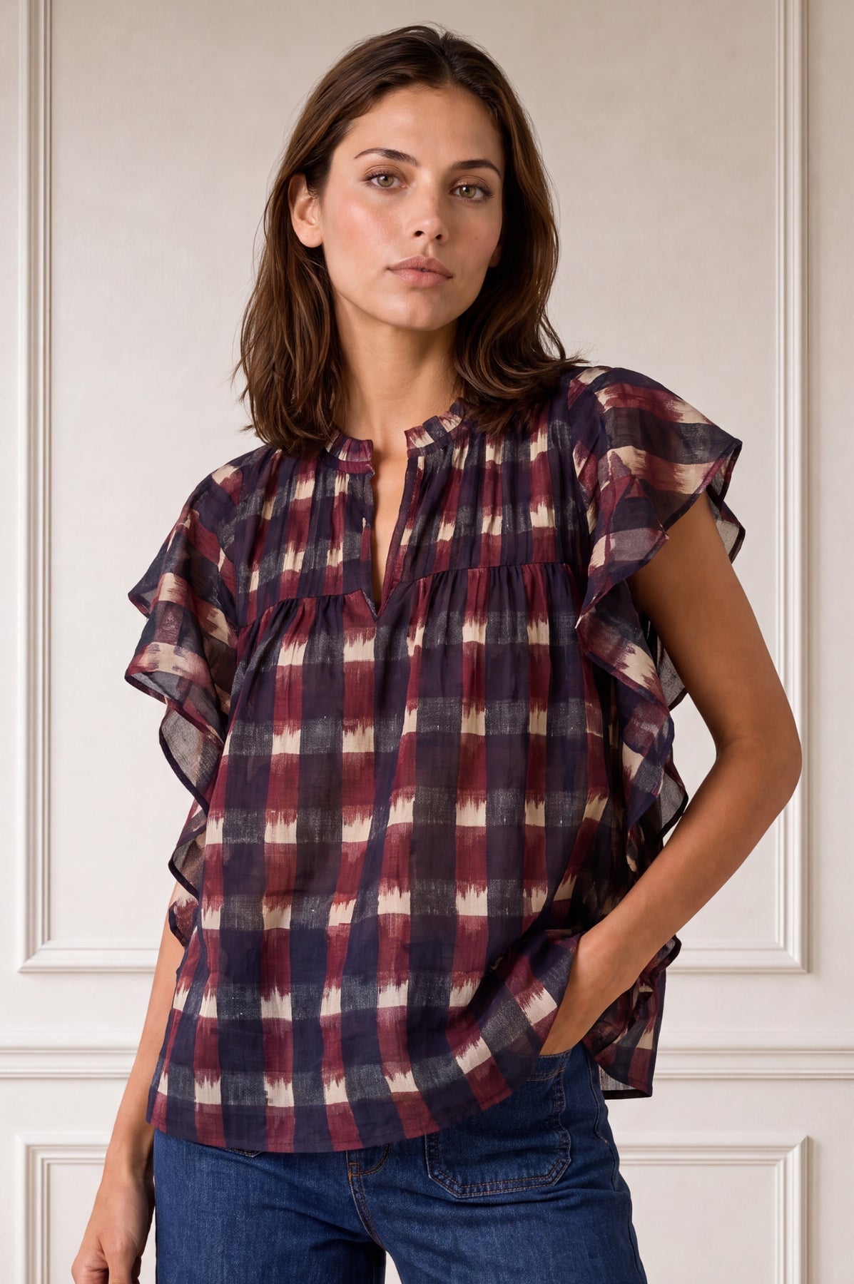 Ruffle sleeve checked ikat blouse in wine and navy.